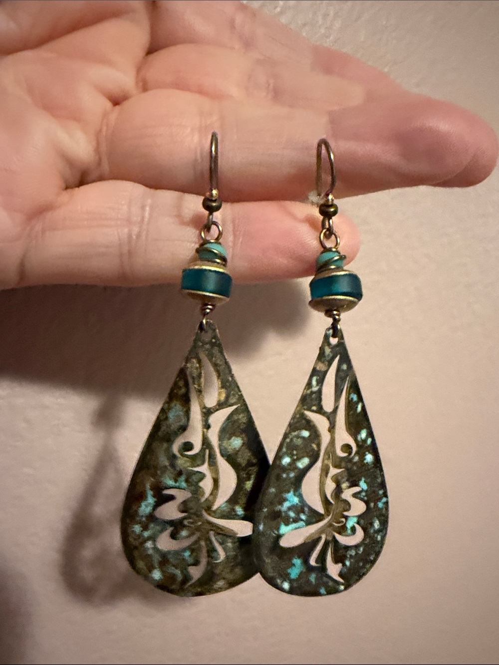 Teardrop Patina Green Metal Dangle Earrings - Women Jewelry